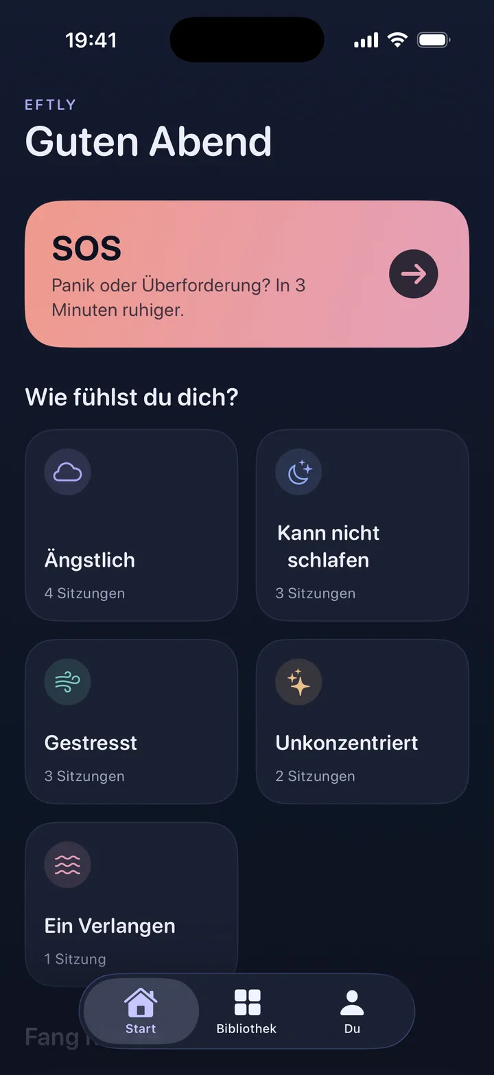 Eftly-Startbildschirm mit der korallfarbenen SOS-Karte oben: „Panik oder Überforderung? In 3 Minuten ruhiger.“