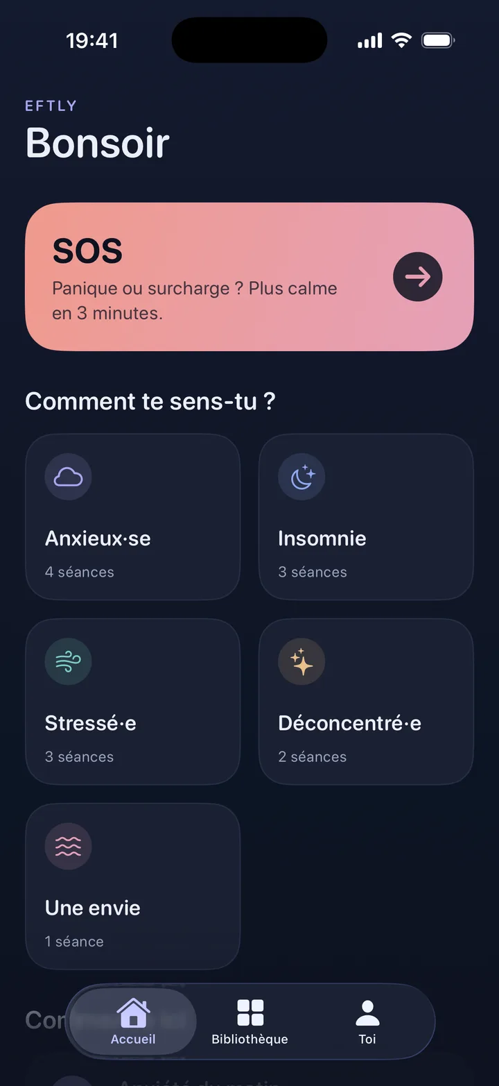 Écran d’accueil d’Eftly avec la carte SOS corail en haut : « Panique ou débordement ? Du calme en 3 minutes. »