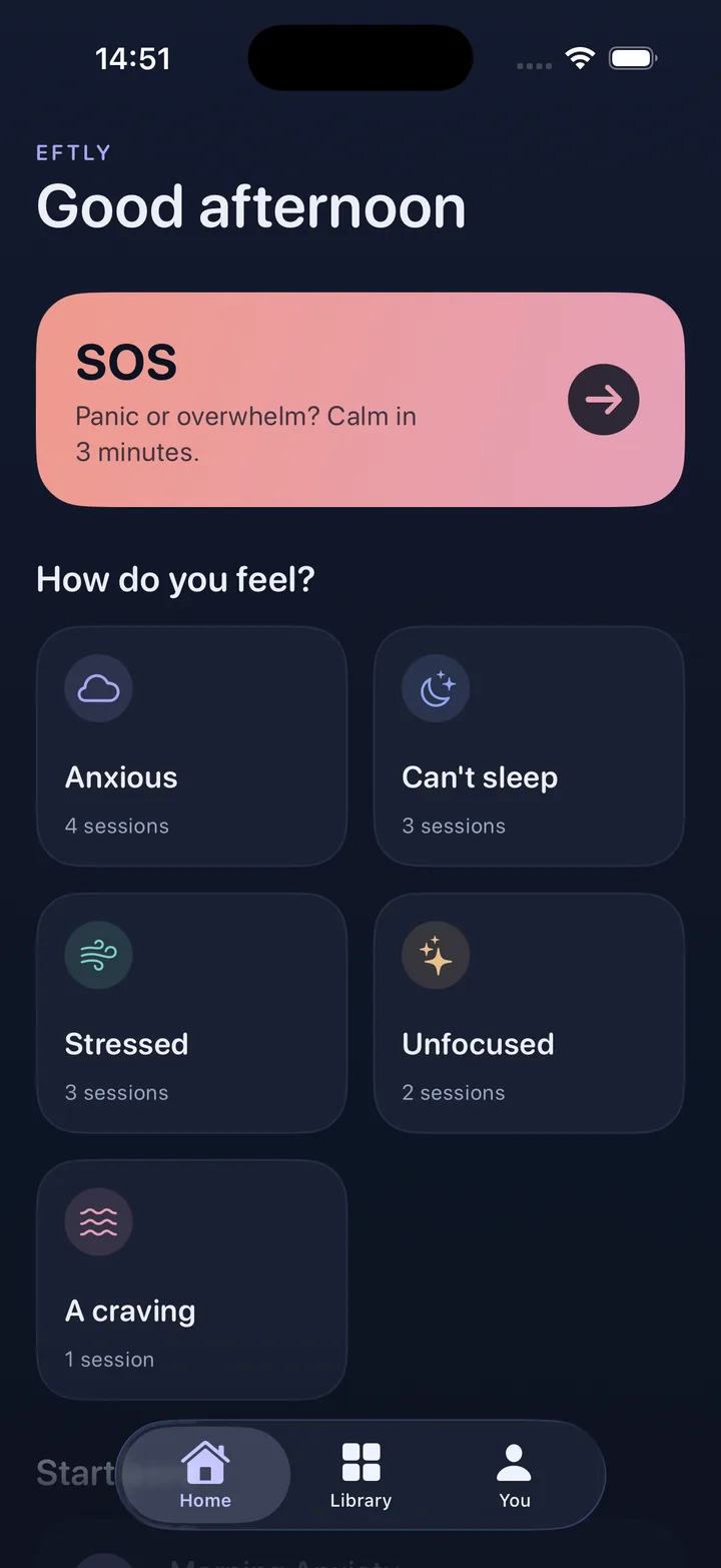 Eftly home screen with the coral SOS card at the top: “Panic or overwhelm? Calm in 3 minutes.”
