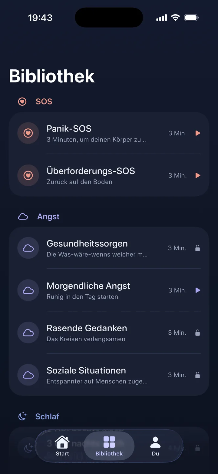 Eftly-Bibliothek mit SOS-, Angst- und Schlaf-Sessions von je etwa 3 Minuten