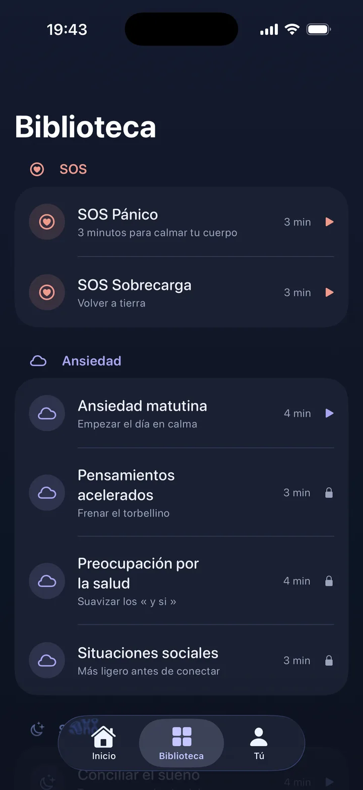 Biblioteca de Eftly con sesiones de SOS, ansiedad y sueño de unos 3 minutos cada una