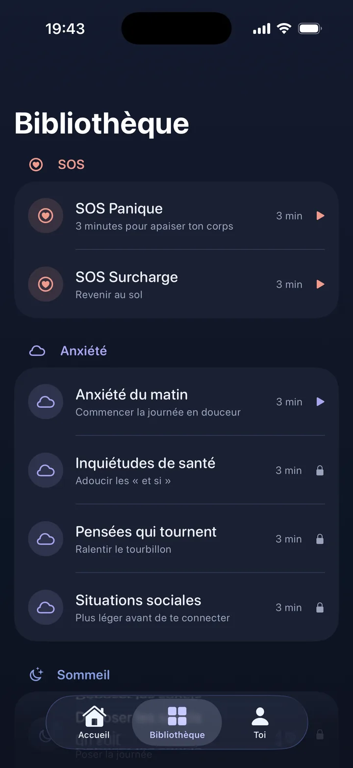 Bibliothèque Eftly listant des séances SOS, anxiété et sommeil d’environ 3 minutes chacune