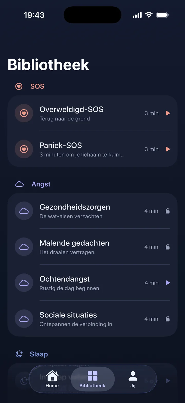 Eftly-bibliotheek met SOS-, angst- en slaapsessies van elk zo’n 3 minuten