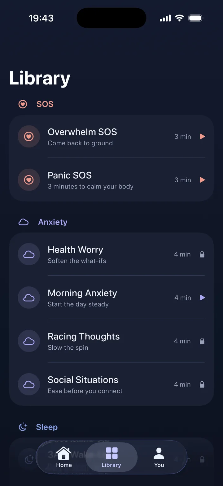 Eftly library listing SOS, anxiety and sleep sessions of about 3 minutes each