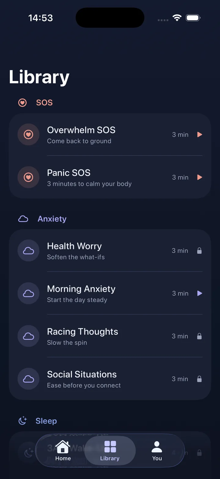 Eftly library listing SOS, anxiety and sleep sessions of about 3 minutes each