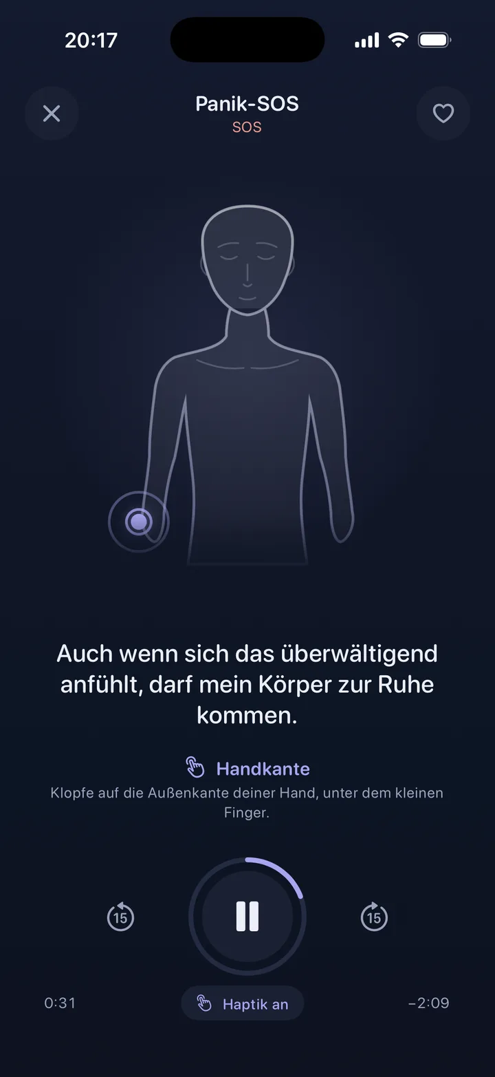 Eftly-Session-Player mit der Klopf-Figur, einem pulsierenden Punkt an der Hand und dem gesprochenen Satz