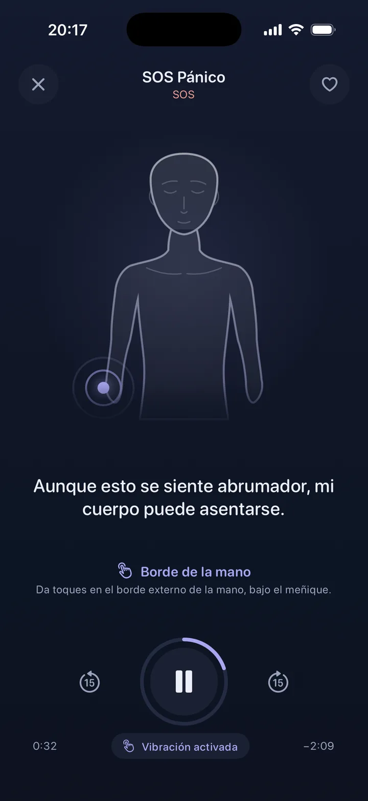 Reproductor de sesiones de Eftly con la figura de tapping, un punto pulsante en la mano y la frase que se pronuncia