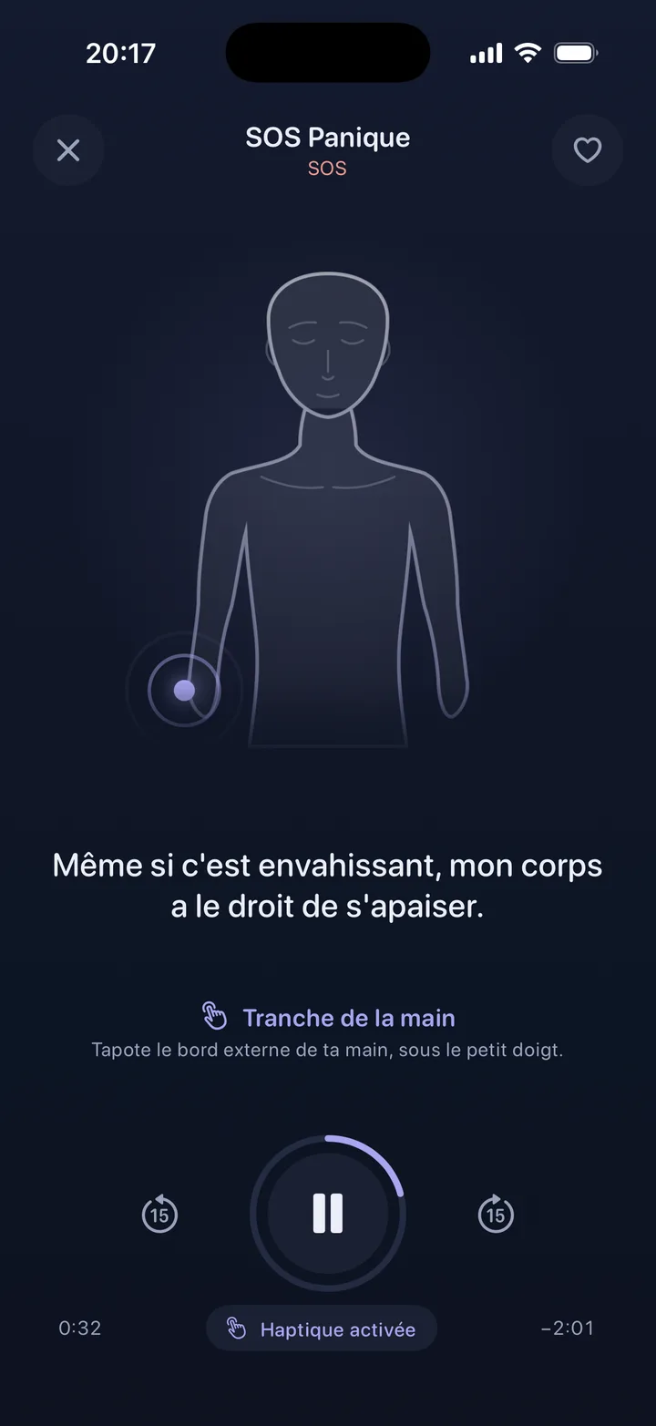 Lecteur de séance Eftly montrant la silhouette de tapping avec un point pulsant sur la main et la phrase prononcée