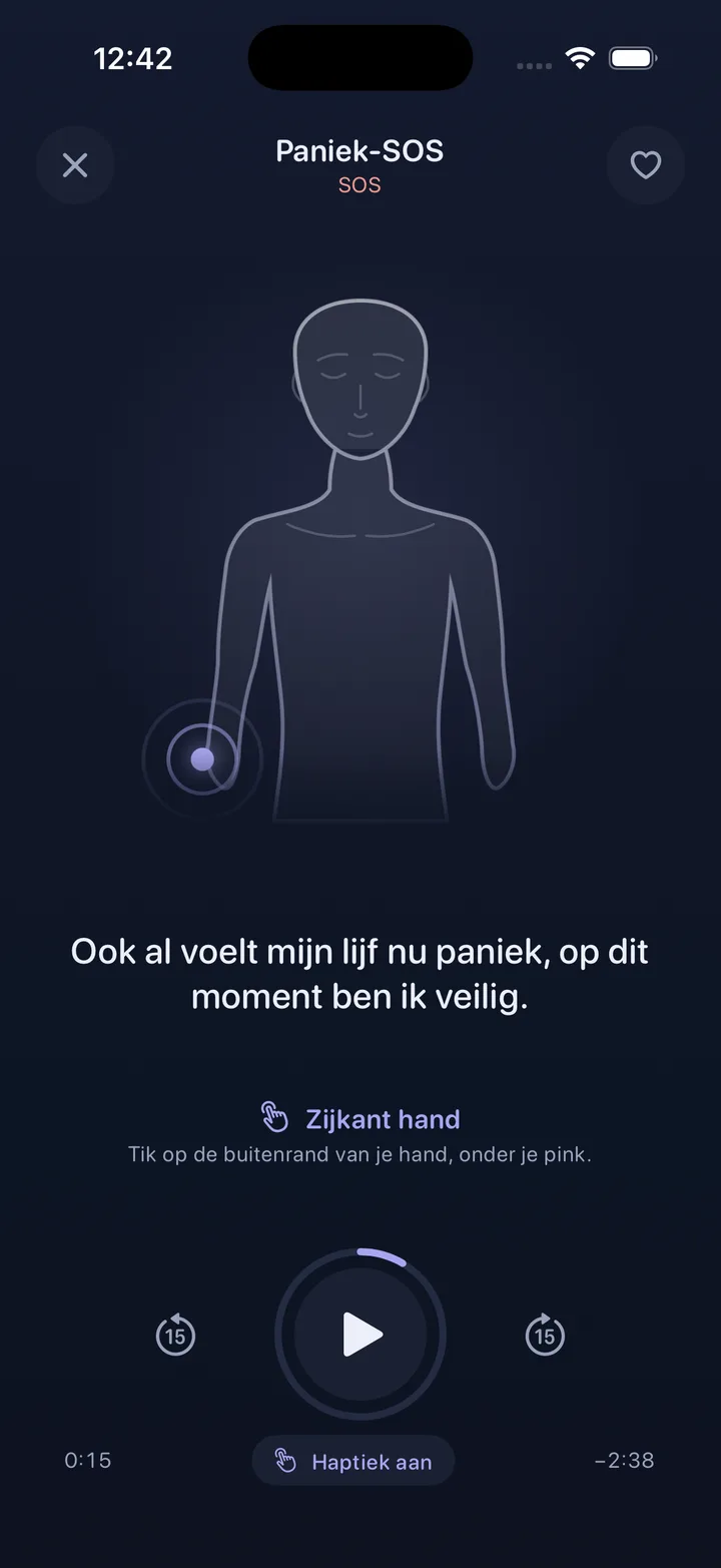 Eftly-sessiespeler met de tapping-figuur, een pulserend punt op de hand en de uitgesproken zin