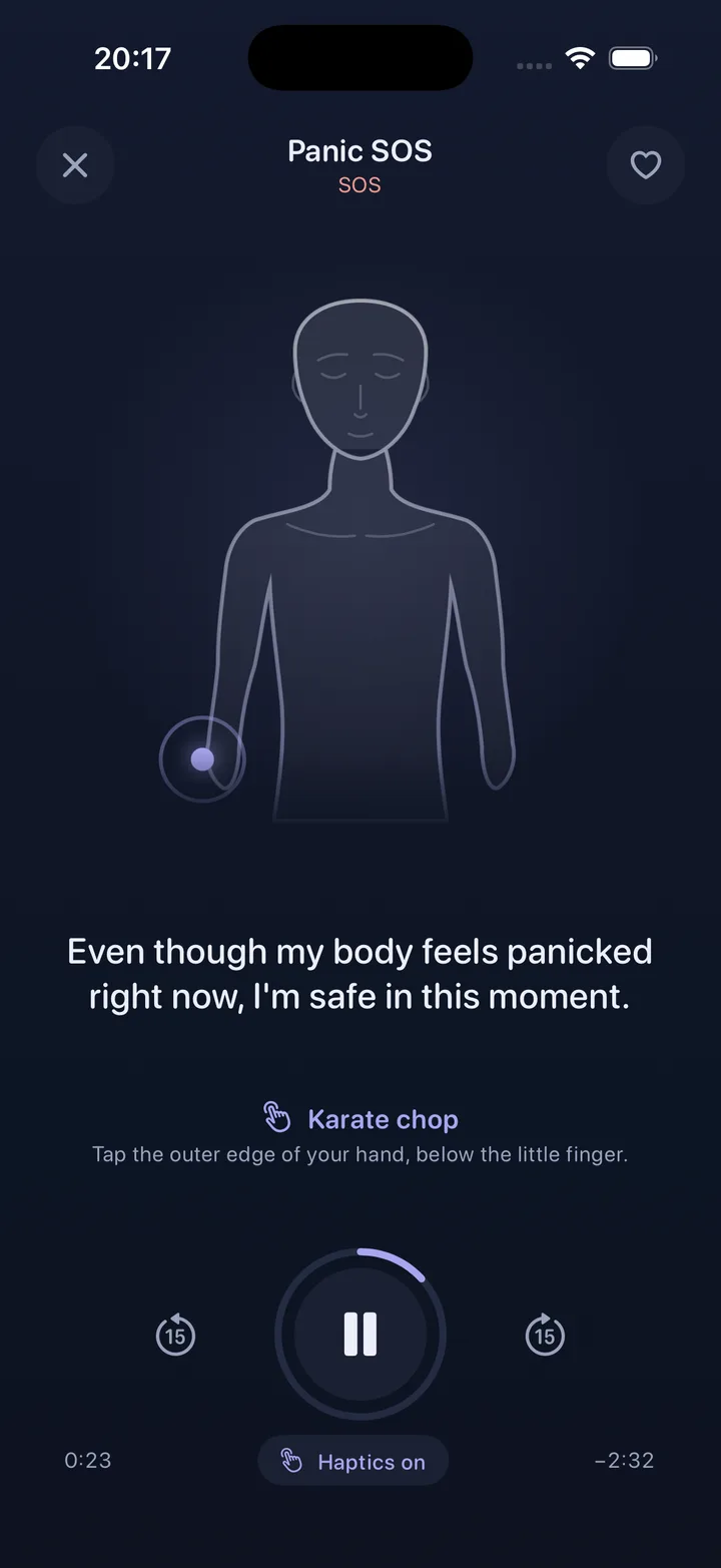 Eftly session player showing the tapping figure with a pulsing point on the hand and the phrase being spoken